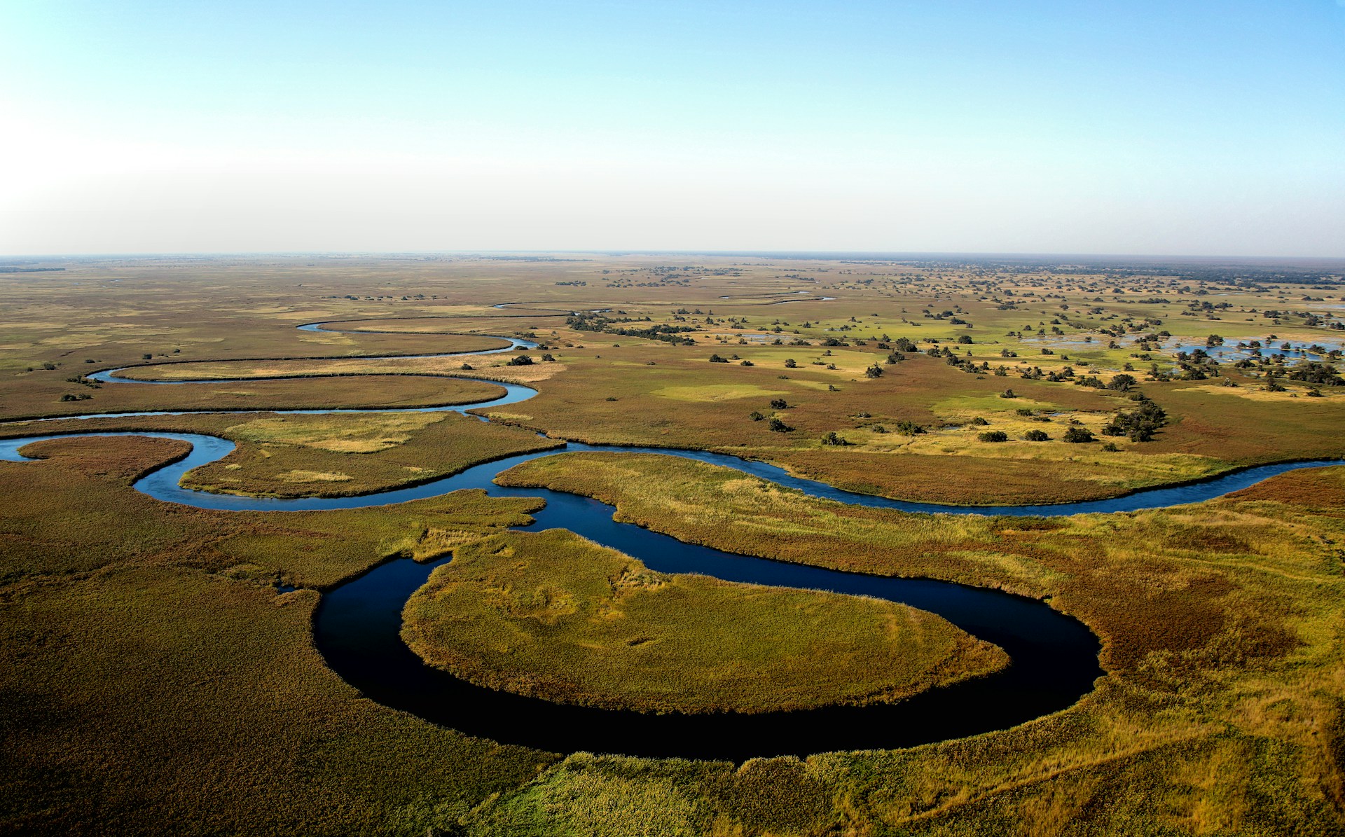 Aerial view of the waterways and floodplains of the Okavango Delta